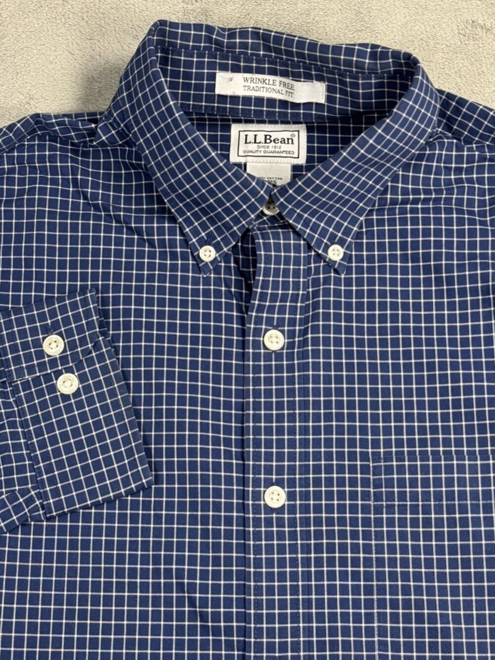LL Bean Wrinkle Free Blue Windowpane Button Down Dress Shirt Mens Medium Office
